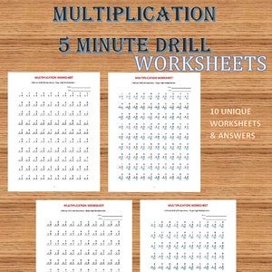 May include: Four black and white worksheets with the title "Multiplication 5 Minute Drill Worksheets". Each worksheet has 40 multiplication problems with numbers 1 through 9. The worksheets are designed for practicing basic multiplication facts.