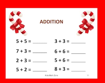 CANDY CANE ADDITION B (12 Worksheets)  pdf/ Preschool/ Kindergarten/ Year 1,2/ Grade 1,2/ Printable worksheets/ Holiday activities/Christmas