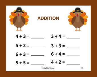 TURKEY ADDITION B (12 Worksheets) pdf/ Preschool/ Kindergarten/ Year 1, 2/ Grade 1,2/ Printable worksheets/ Thanksgiving activites/ Turkey