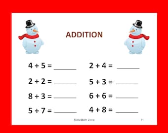 SNOWMAN ADDITION B (12 Worksheets)  pdf/ Preschool/ Kindergarten/ Year 1,2/ Grade 1,2/ Printable worksheets/ Holiday activities/Christmas