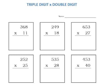 Hojas de trabajo de multiplicación: Práctica de tres y dos dígitos (Descargar PDF)