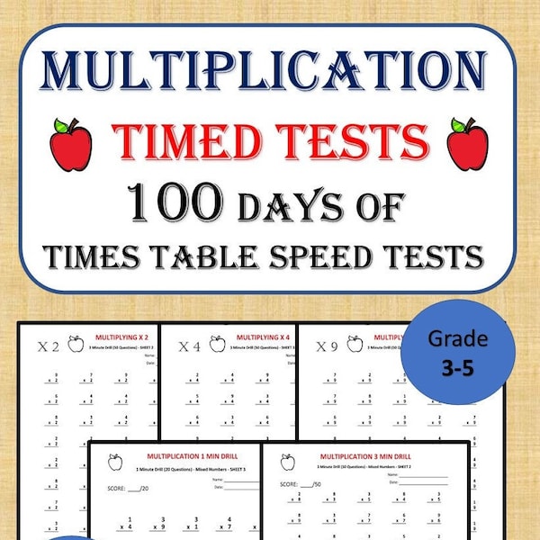 Ejercicios de matemáticas de multiplicación, 100 días de pruebas cronometradas, grados 3 a 5, edades 8 a 10, problemas de práctica de multiplicación imprimibles, ejercicios de matemáticas