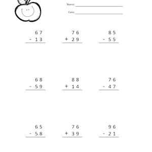 May include: A worksheet with a red apple at the top and a black and white apple at the bottom. The worksheet has nine math problems involving addition and subtraction with regrouping. The problems are written in black ink. The worksheet is titled "Mixed Addition and Subtraction with Regrouping".