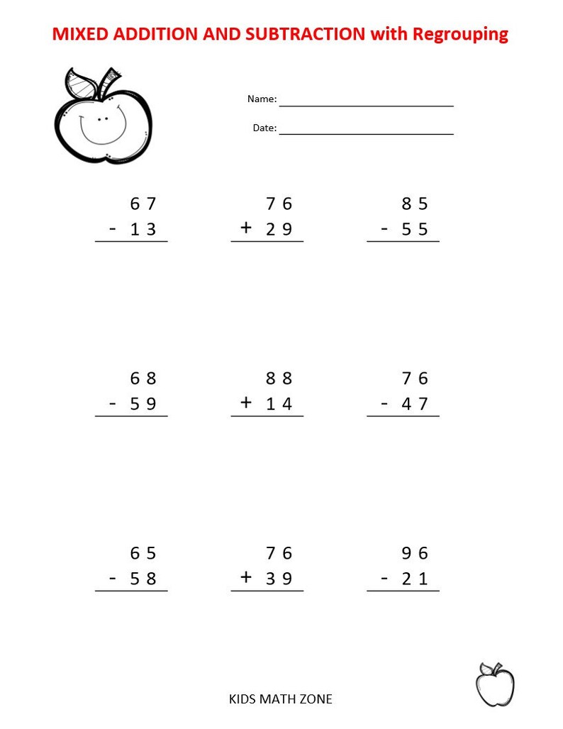 May include: A worksheet with a red apple at the top and a black and white apple at the bottom. The worksheet has nine math problems involving addition and subtraction with regrouping. The problems are written in black ink. The worksheet is titled "Mixed Addition and Subtraction with Regrouping".