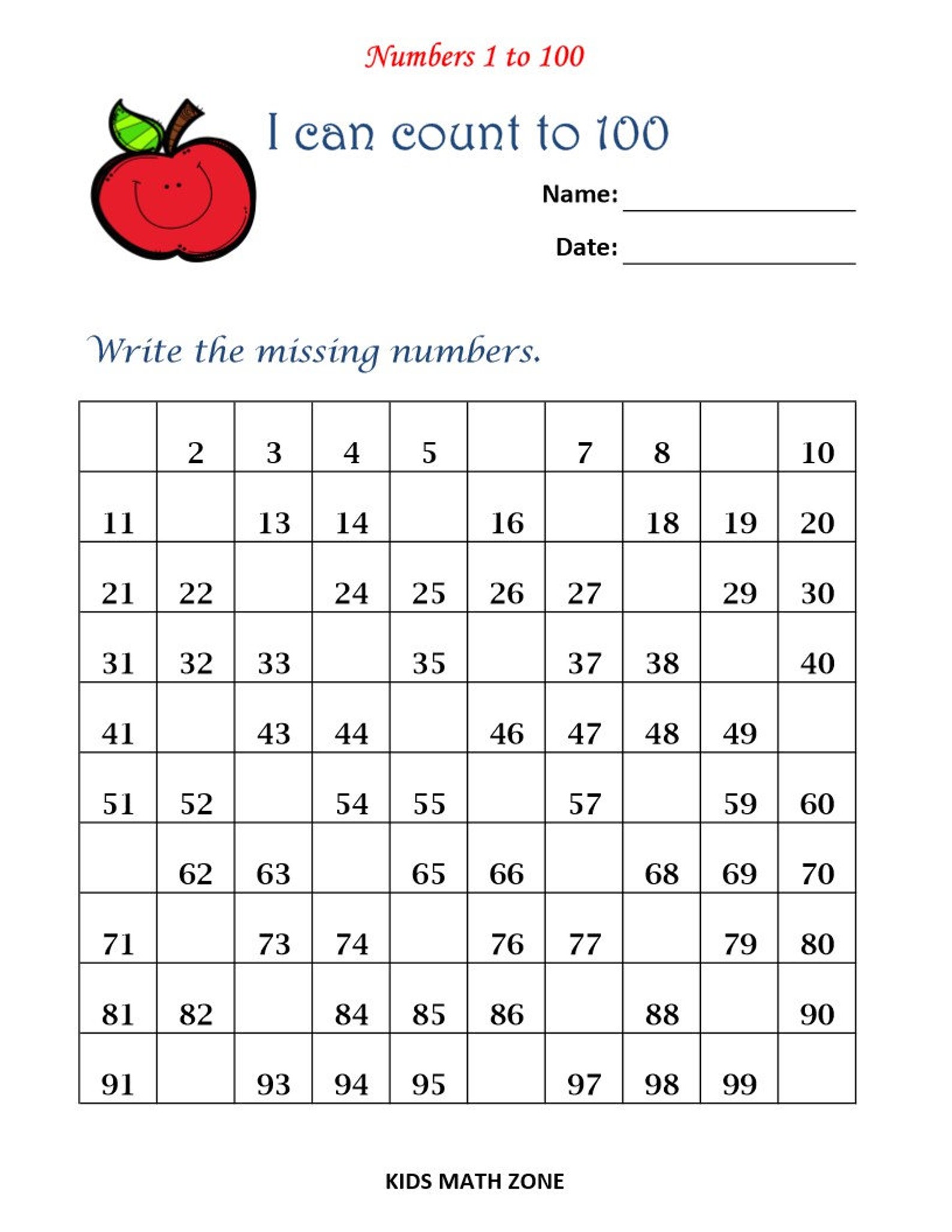 missing numbers 1 to 100 10 printable worksheets pdf etsy