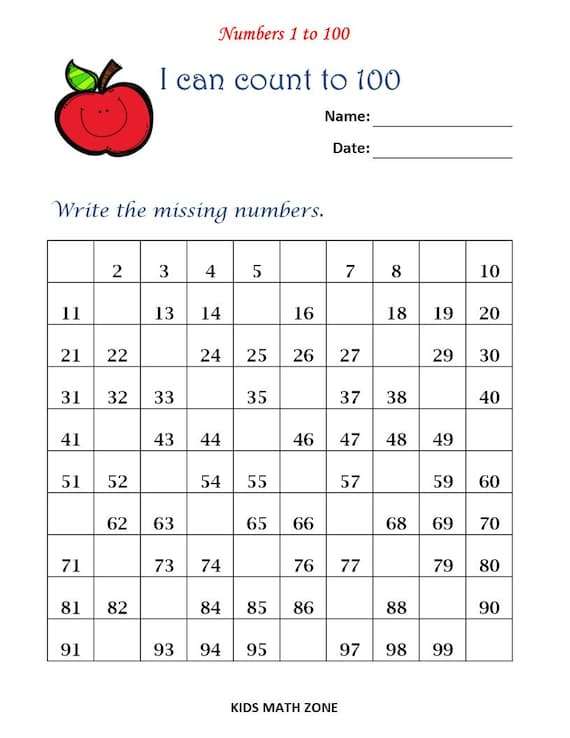 missing numbers 1 to 100 10 printable worksheets pdf etsy australia