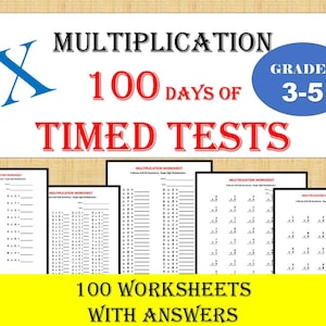 Puede incluir: Un conjunto de hojas de trabajo de multiplicación tituladas 100 Days of Timed Tests for Grades 3-5. El documento incluye 100 páginas de problemas matemáticos con respuestas, con una X azul grande, texto rojo y hojas de práctica.
