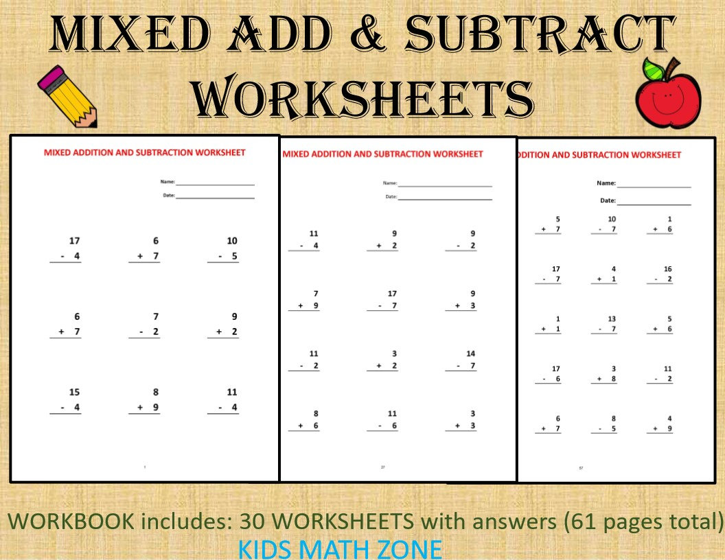 add subtract math printable worksheets no regrouping 61 etsy singapore