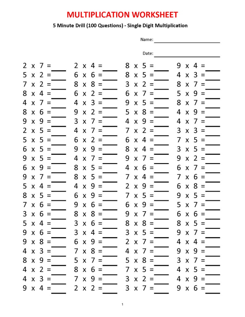 Multiplication 5 minute drill Worksheets with answers/pdf/ Year 2,3,4/ Grade 2,3,4/Printable worksheets/ Basic multiplication image 3