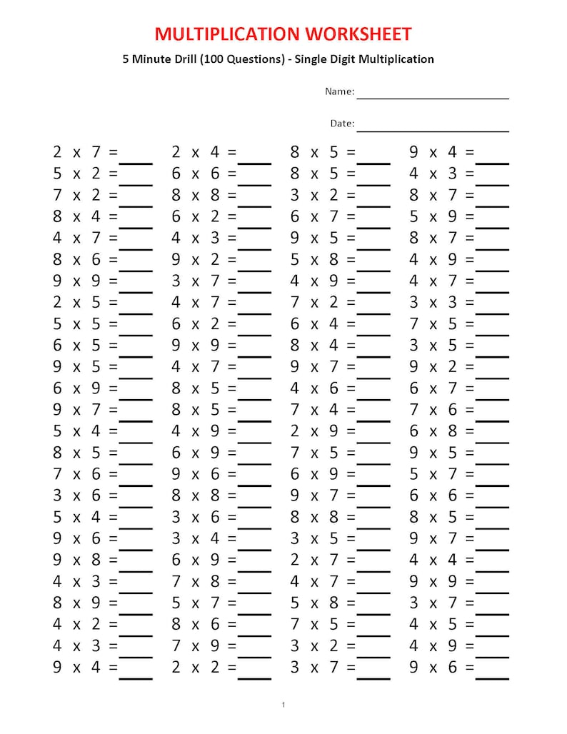 Multiplication 5 minute drill Worksheets with answers/pdf/ Year 2,3,4/ Grade 2,3,4/Printable worksheets/ Basic multiplication image 3