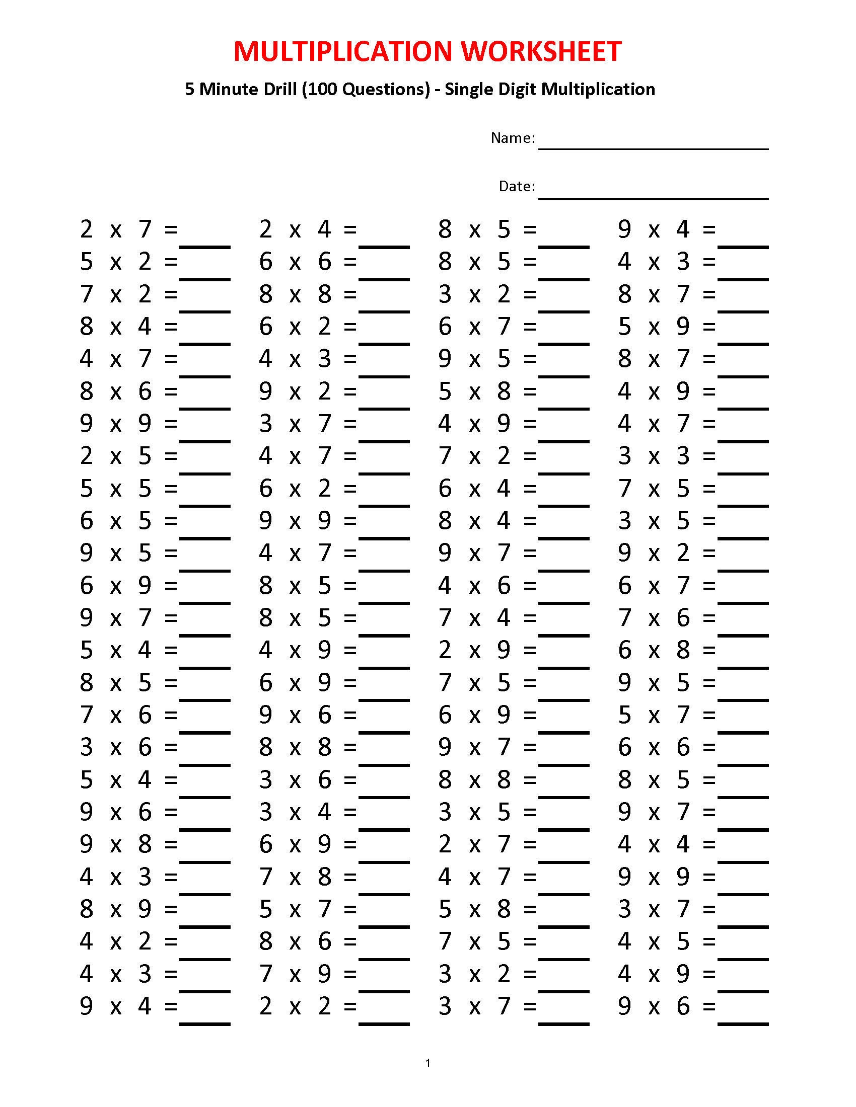 Multiplication 5 Minute Drill worksheets With Answers/pdf/ - Etsy