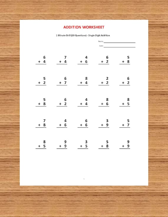 Addition 1 minute drill: 10 math worksheets (pdf) - etsy