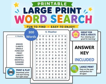 Printable Word Search for Kids, Large Print Activity Book, Kids Puzzle Game, Educational Printable, Instant Download