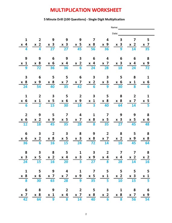 Multiplication 5 Minute Drill V 10 Math Worksheets With - Etsy Denmark