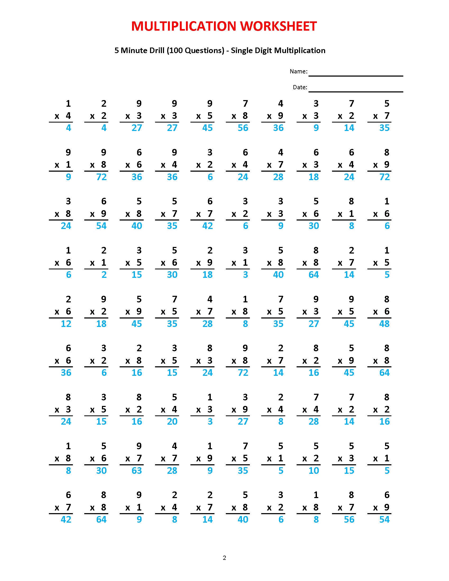 Multiplication 5 minute drill V 10 Math Worksheets with | Etsy