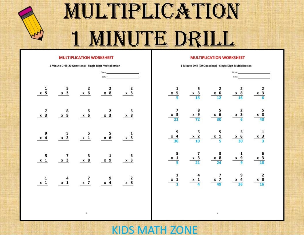 multiplication 1 minute drill v 10 math worksheets with etsy