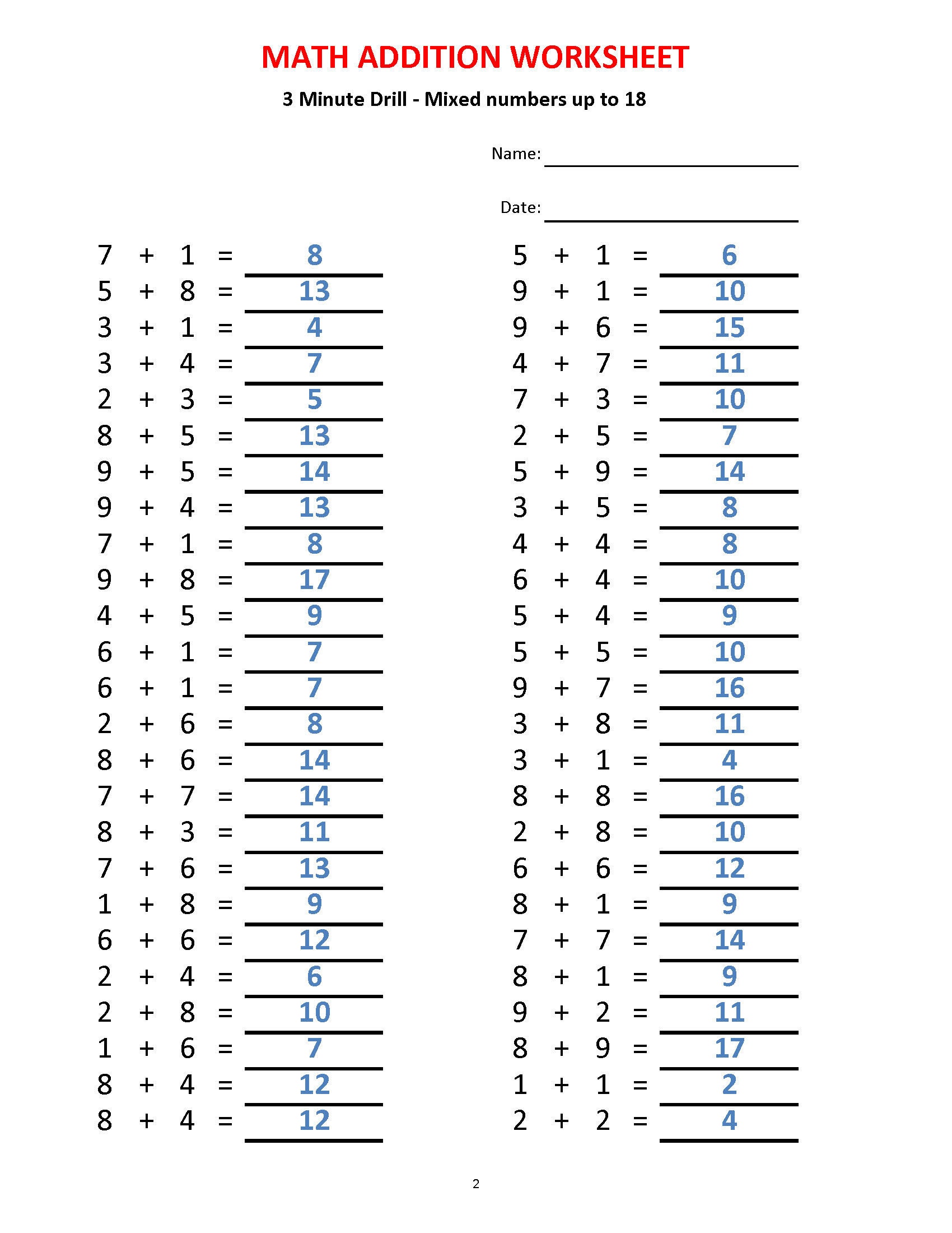 3 Minute Math Addition 3 Minute Drill: Math Worksheets for Grade 1-3 (PDF) - Etsy