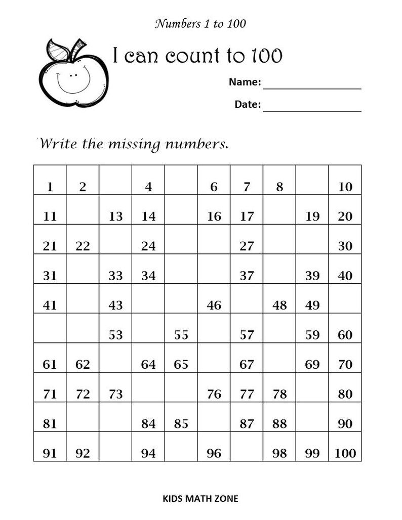 missing numbers 1 to 100 10 printable worksheets pdf etsy