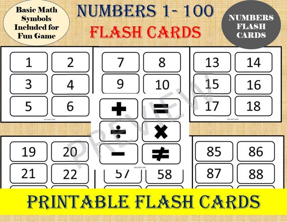 Numbers Flash Cards Numbers 1 To 100 Basic Math Games Etsy