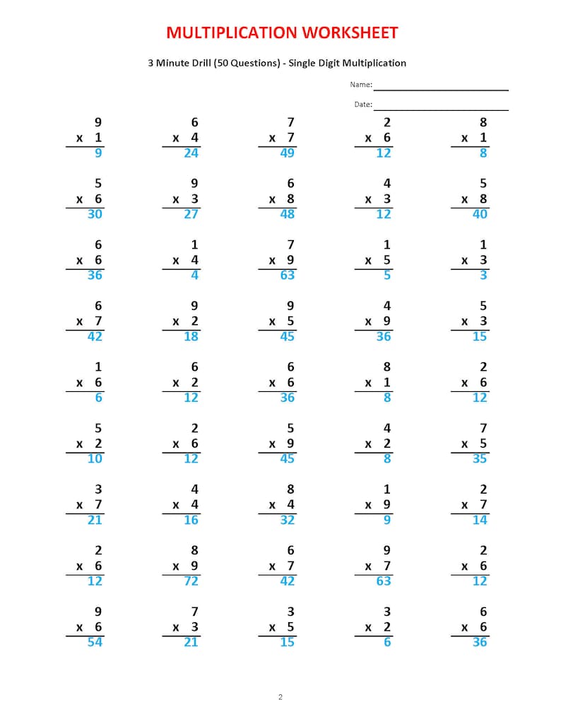 Multiplication 3 minute drill V 10 Math Worksheets with | Etsy
