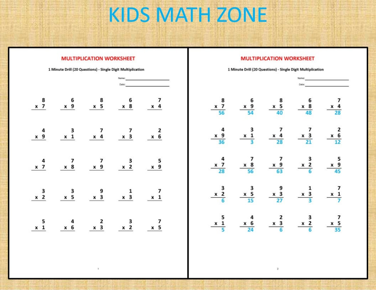 Multiplication 1 minute drill V 10 Math Worksheets with | Etsy