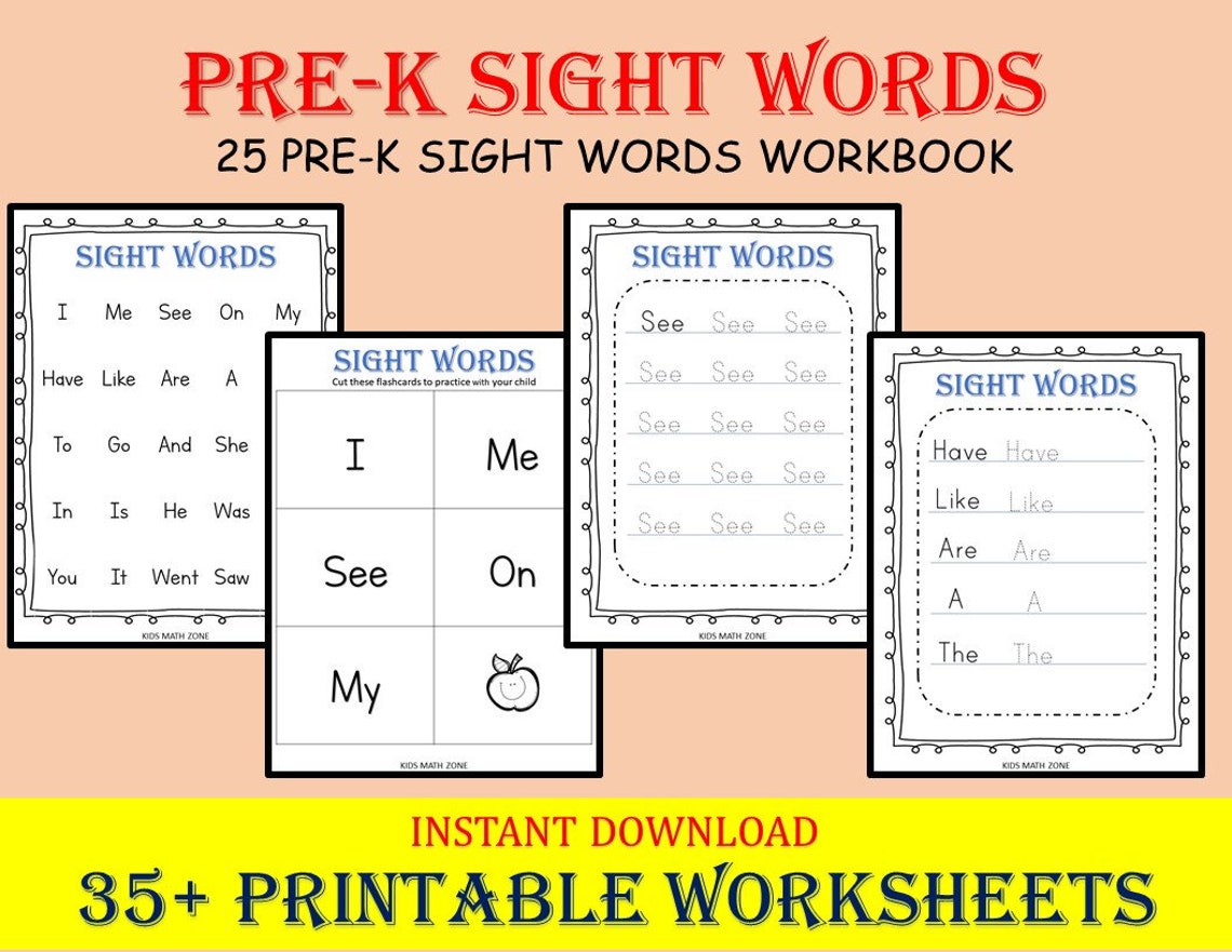 PRE-K Sight Words Workbook 35 Printable Worksheets Kids - Etsy