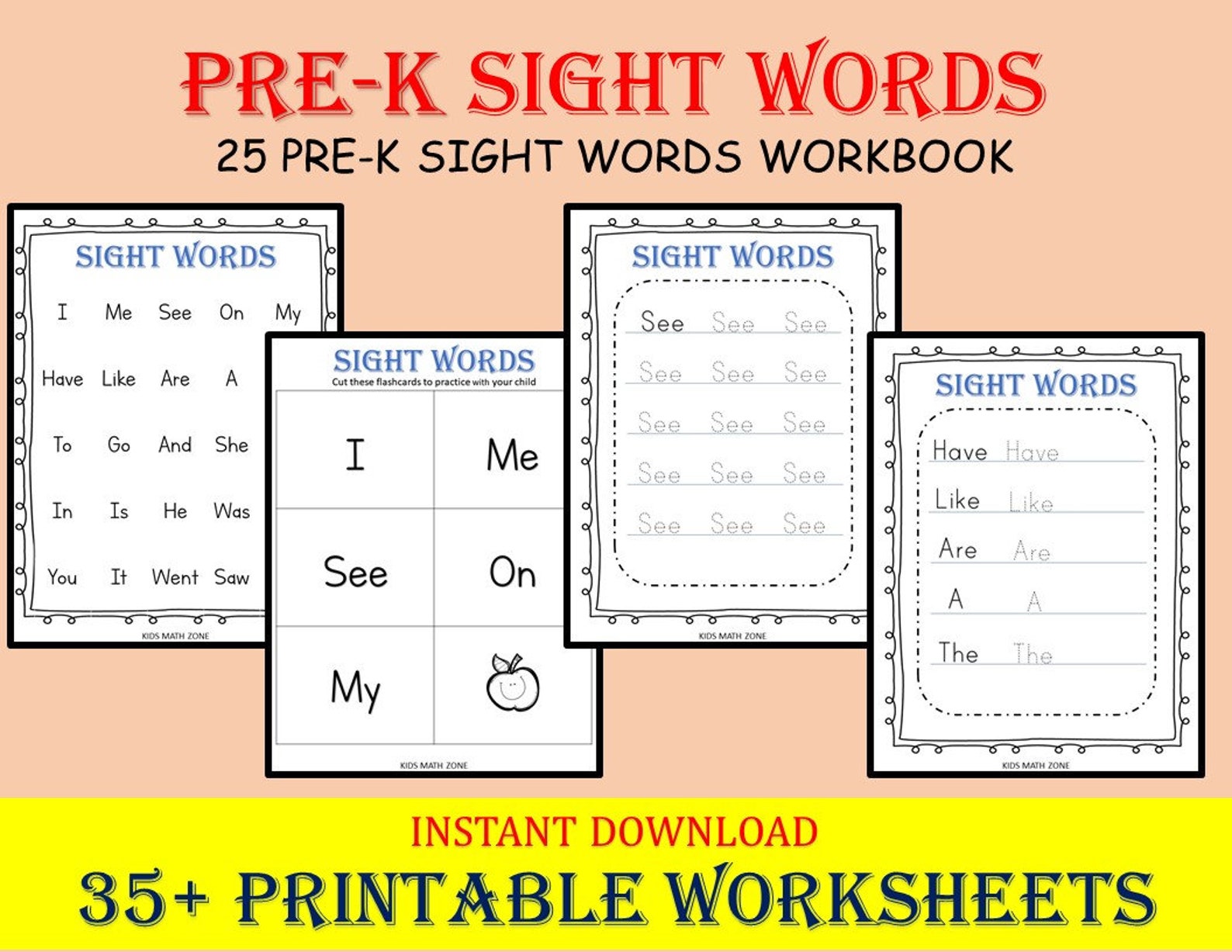 PRE-K Sight Words workbook 35 Printable worksheets Kids | Etsy
