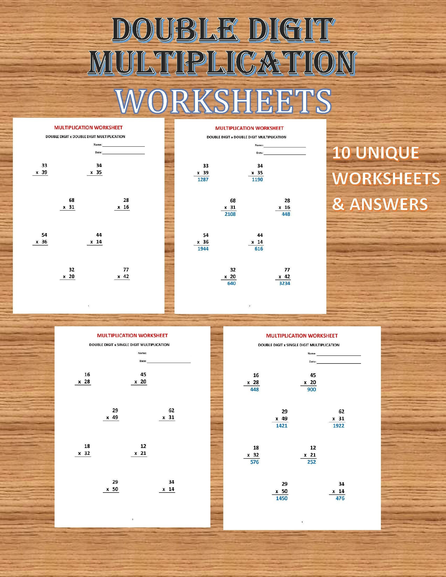 multiplication double digit 10 math worksheets with etsy australia