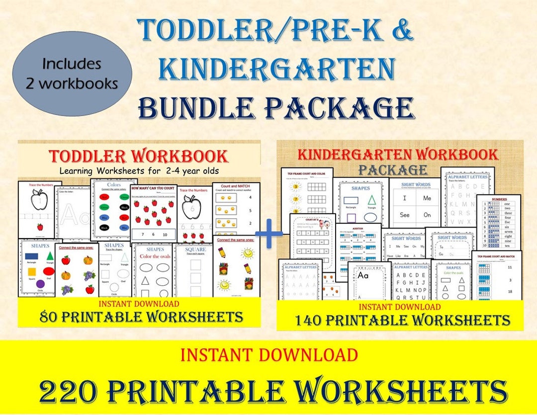 Toddler, Pre-k + K Learning Bundle (220 Printable Worksheets), Kids ...