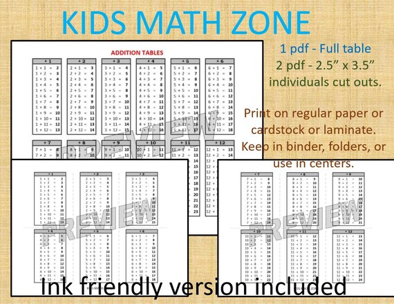 Math Facts Chart Printable