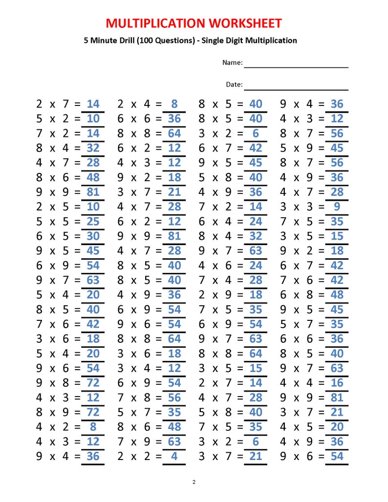 Multiplication 5 minute drill Worksheets with answers/pdf/ Year 2,3,4/ Grade 2,3,4/Printable worksheets/ Basic multiplication image 4