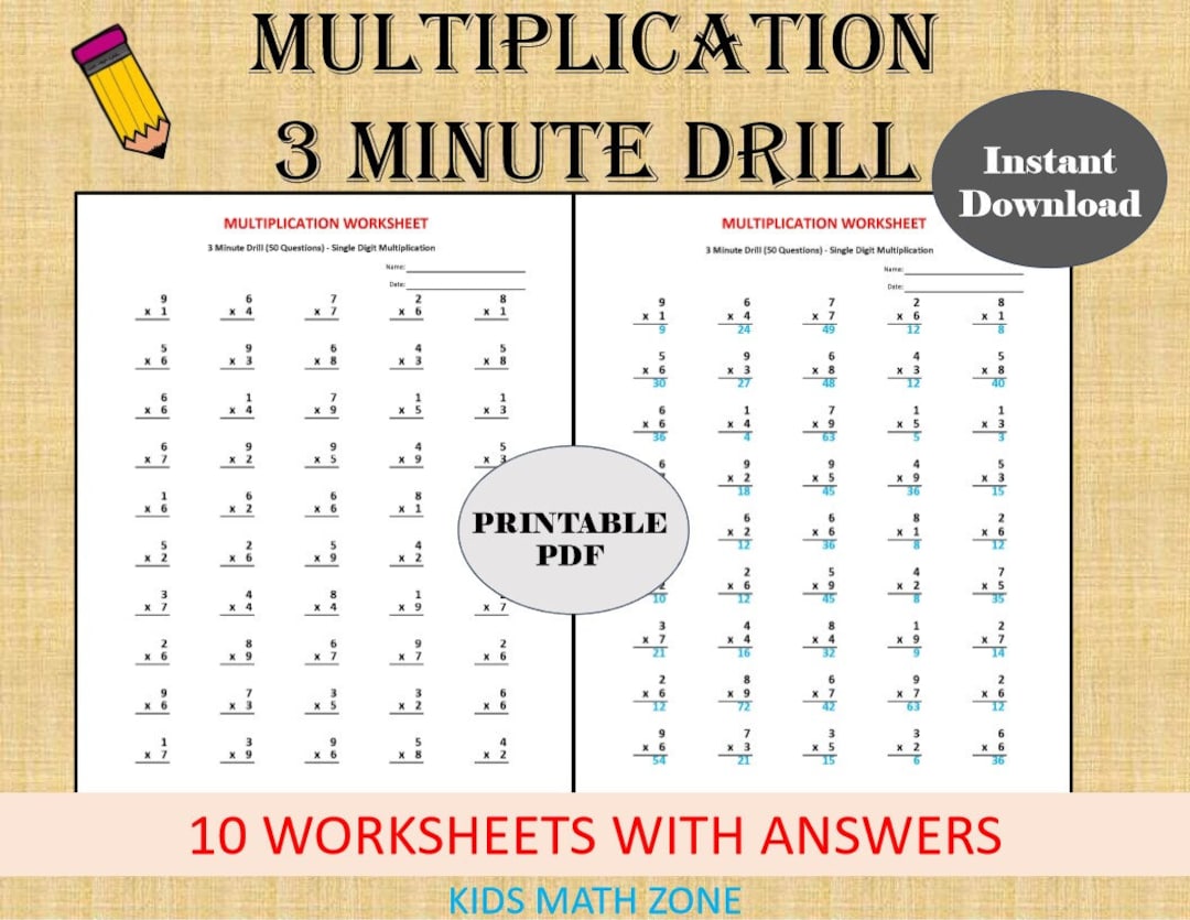 Multiplication 3 Minute Drill V (10 Math Worksheets With Answers)/pdf ...