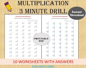 Multiplication 3 minute drill V (10 Math Worksheets with answers)/pdf/ Year 2,3,4/ Grade 2,3,4/Printable worksheets/ Basic multiplication