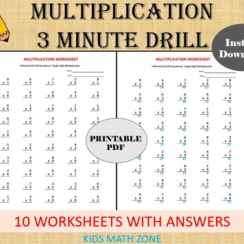 multiplication 3 minute drill v 10 math worksheets with etsy denmark