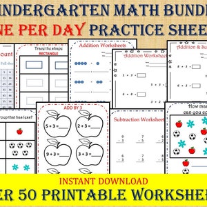 May include: A set of printable kindergarten maths worksheets for one per day practice. The worksheets include counting, addition, subtraction, and tracing shapes. The text "Over 50 Printable Worksheets" is at the bottom of the image.
