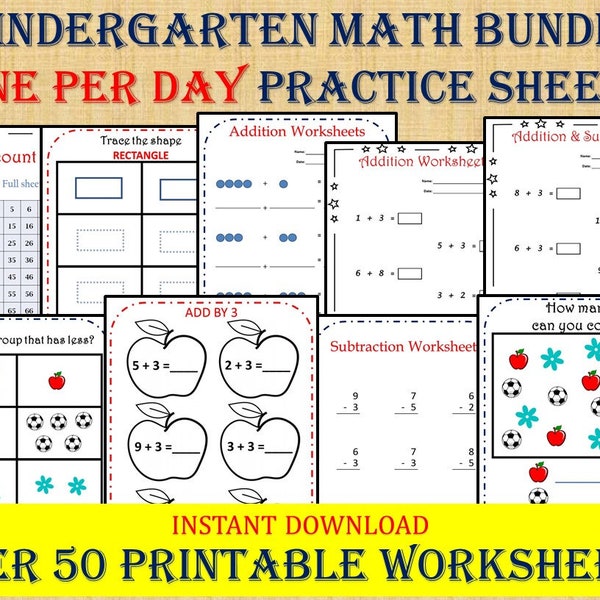 KINDERGARTEN MATH BUNDLE- one per day (50 Worksheets), Instant Download, Printable worksheets/ numbers, Addition Worksheets, homeschool