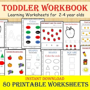 Cahier d'exercices pour tout-petit (80 feuilles de calcul imprimables), activités pour enfants, apprentissage préscolaire, alphabet, calque, nombres, formes, couleurs, 2-4 ans
