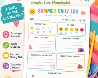 Summer Daily Log for Kids, Screen-Free Activity, 2-Minute Daily Journal Printable, Ages 6–12, Practice gratitude writing, PDF