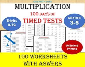 Multiplication Drills: 100 Days Timed Tests, Grades 3-5, Printable 3rd to 5th grade multiplication worksheets. Math Fact Practice workbook.
