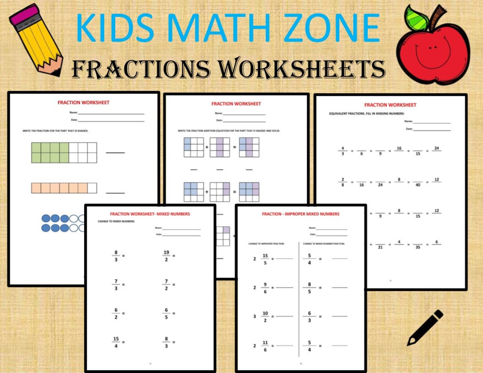 Fractions 36 Worksheets / Equivalent Fractions Mixed - Etsy