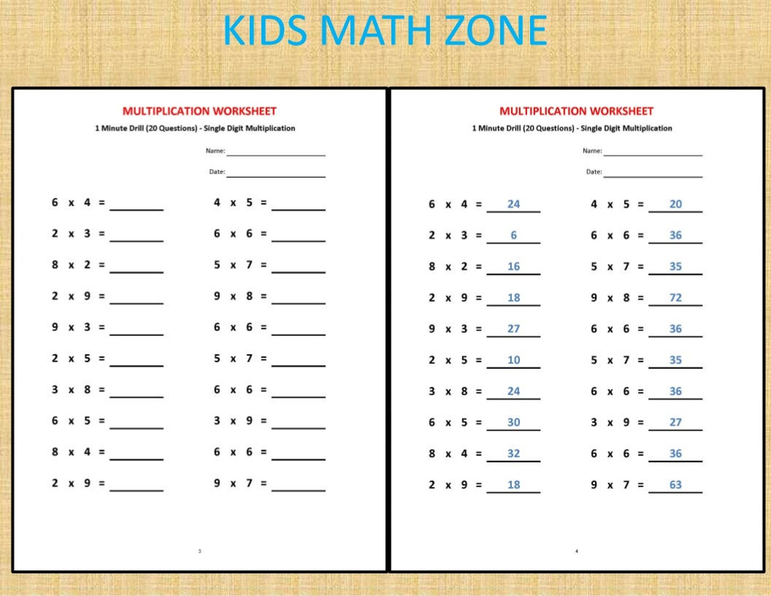 Multiplication 1 Minute Drill H (10 Math Worksheets With Answers)/pdf ...