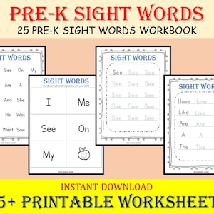 PRE-K Sight Words ワークブック (35 枚以上の印刷可能なワークシート)、子供向けアクティビティ、就学前学習、アルファベット、トレース、3～5 歳児