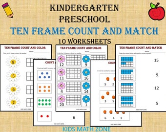 Ten Frame Counting and Match Numbers (Printable Worksheets) Kindergarten & Pre-K/pdf/ Preschool activities/Kindergarten/ Grade 1/Homeschool