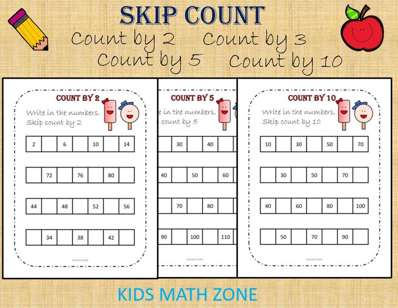 May include: A printable worksheet for kids to practice skip counting by 2, 3, 5, and 10. The worksheet features a colorful ice cream cone graphic and the text "SKIP COUNT" at the top.
