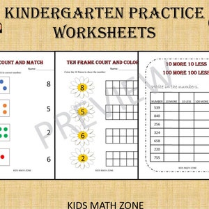May include: A printable worksheet for kindergarten students to practice counting and matching numbers, counting with ten frames, and adding and subtracting 10 and 100. The worksheet features a red apple and the text "Kids Math Zone".