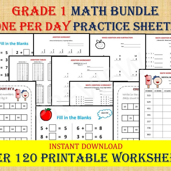 GRADE 1 MATH Workbook, one per day (120 math Worksheets), Basic Math, Printable worksheets, homeschool, Math Facts, Montessori, Kumon P