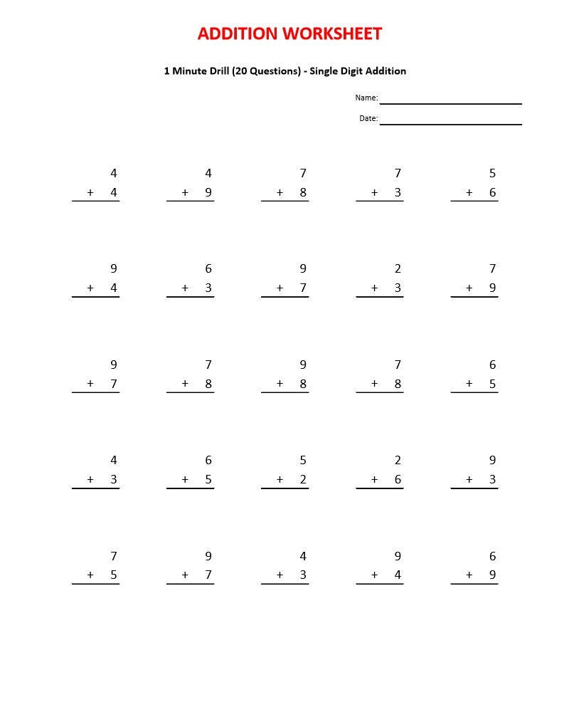 addition 1 minute drill 10 worksheets with answers grade etsy