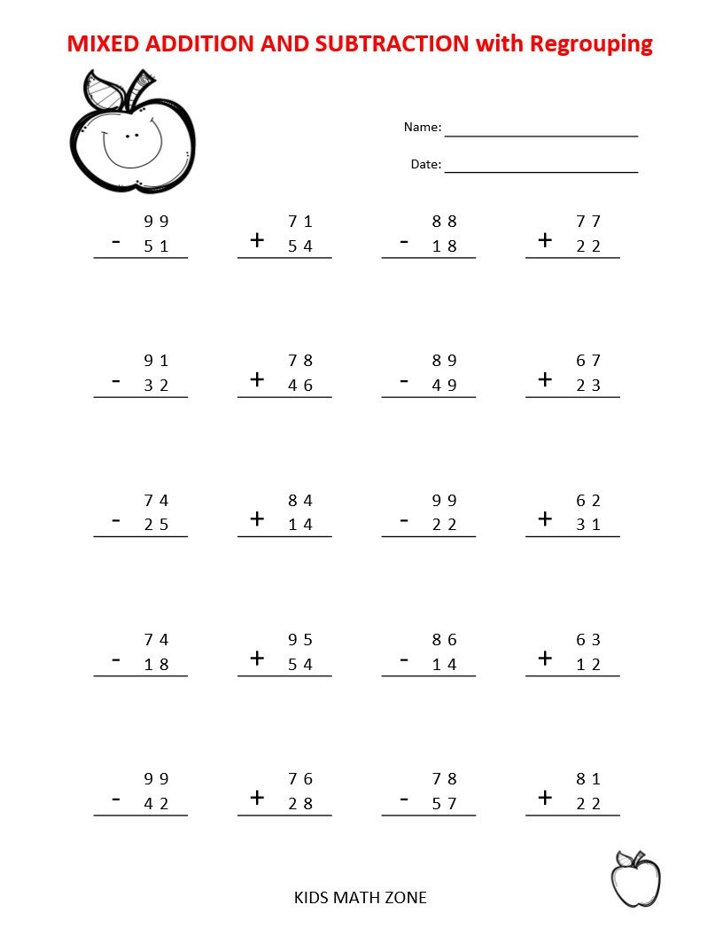 May include: A black and white worksheet with a red apple at the top. The worksheet has 10 math problems with addition and subtraction problems with regrouping. The problems are arranged in a grid format. The worksheet is titled "Mixed Addition and Subtraction with Regrouping".