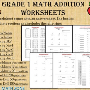 Puede incluir: Una hoja de trabajo imprimible colorida para estudiantes de primer grado de matem&aacute;ticas. La hoja de trabajo incluye tablas de suma, sumando por n&uacute;meros del 0 al 10, problemas de suma mixtos y ejercicios cronometrados. La hoja de trabajo se titula "Grade 1 Math Addition Worksheets".