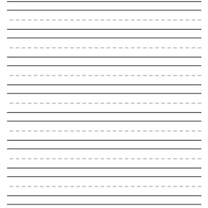 May include: A sheet of white paper with horizontal black and gray lines, designed for handwriting practice. The lines alternate between solid black and dashed gray, providing a guide for letter formation and spacing. Ideal for educational use.